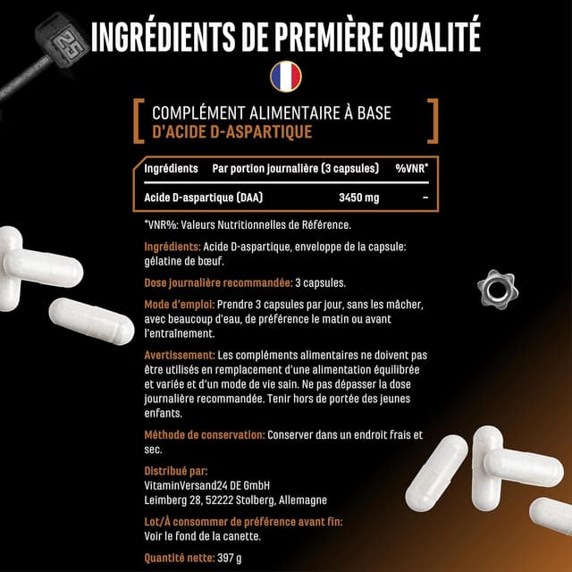 Detalle de D-Acide Aspartique DAA Ultra Caps – 300 gélules dosées à 1150 mg (DAA) – sans additifs indésirables