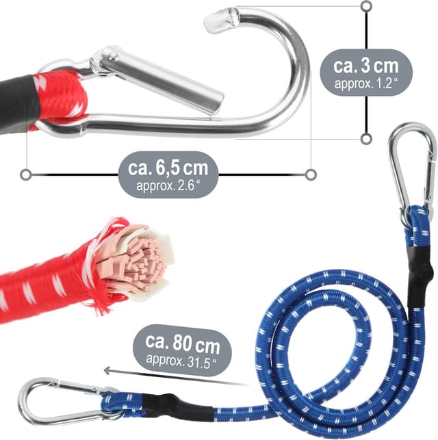 Detalle de COM-FOUR 3 sangles élastiques avec mousquetons (lot de 3, 80 cm) pour vélos, voitures et bagages
