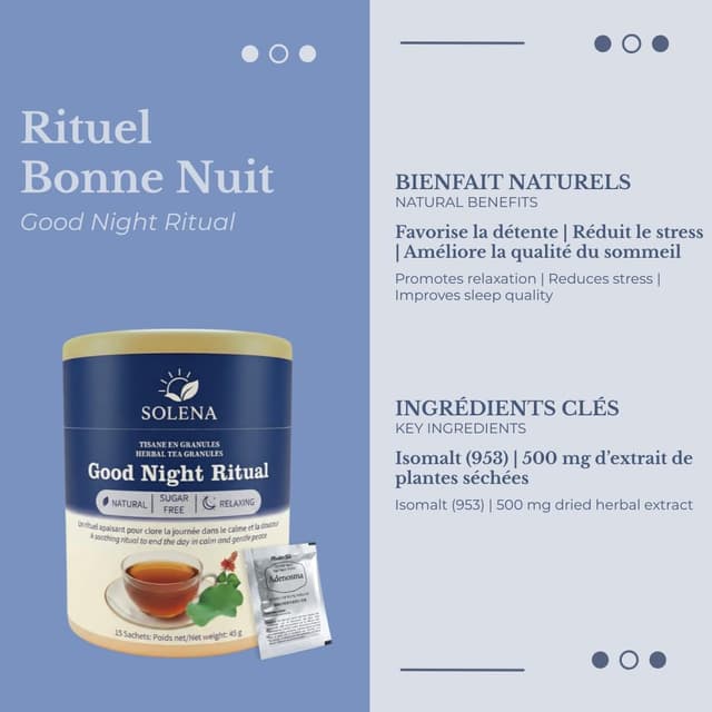 Detalle de SOLENA Rituel Santé Sommeil et Endormissement — Tisane relaxante au granule instantané à la mélisse (15 sachets)