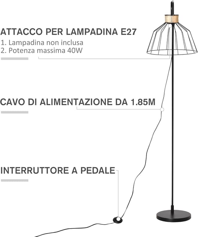 Detalle 2 de HOMCOM Lampadaire à pied design élégant en métal et rotin noir – 44 x 34 x 154 cm, base E27