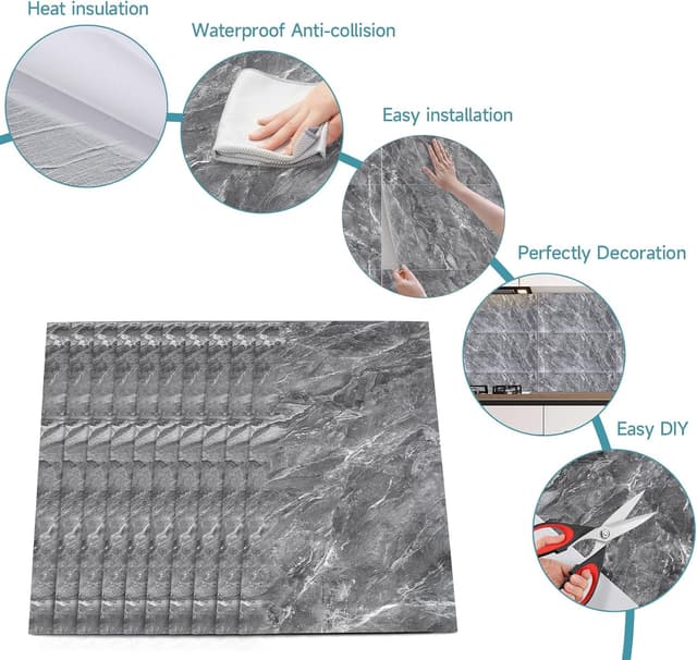 Detalle de Warmiehomy Marble Tiles 60x30cm (10 Pack) Self-Adhesive Waterproof Peel-and-Stick Wall Tiles – Earl Grey