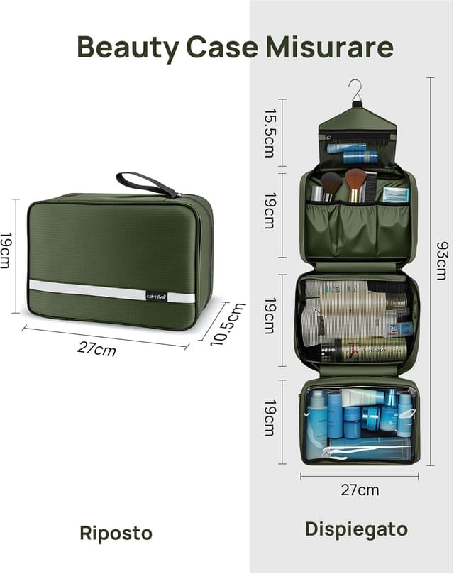 Detalle de Carttiya Beauty Case da Viaggio grande impermeabile verde con gancio in metallo