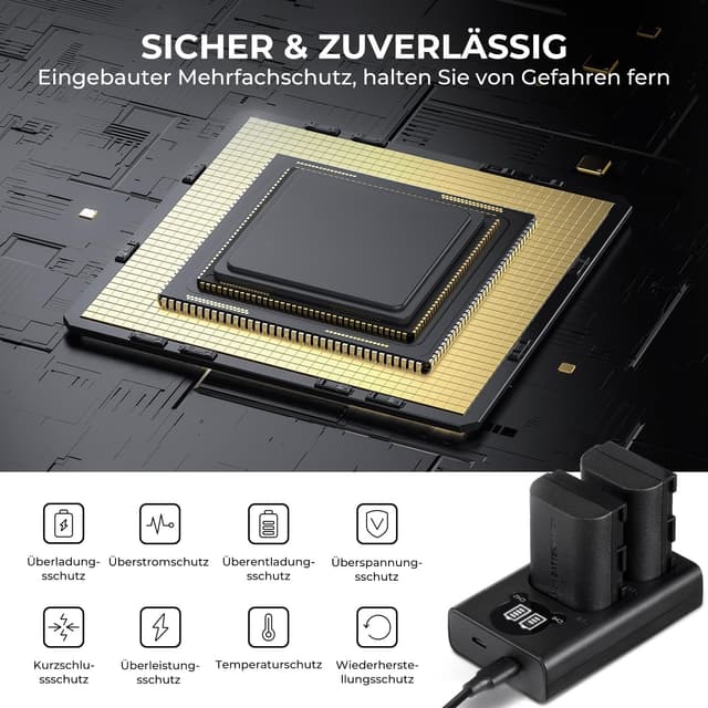 Detalle de K&F CONCEPT LP‑E6NH Kameraakkus (2250 mAh) + USB‑Doppelladegerät Set, 2er Pack für Canon EOS