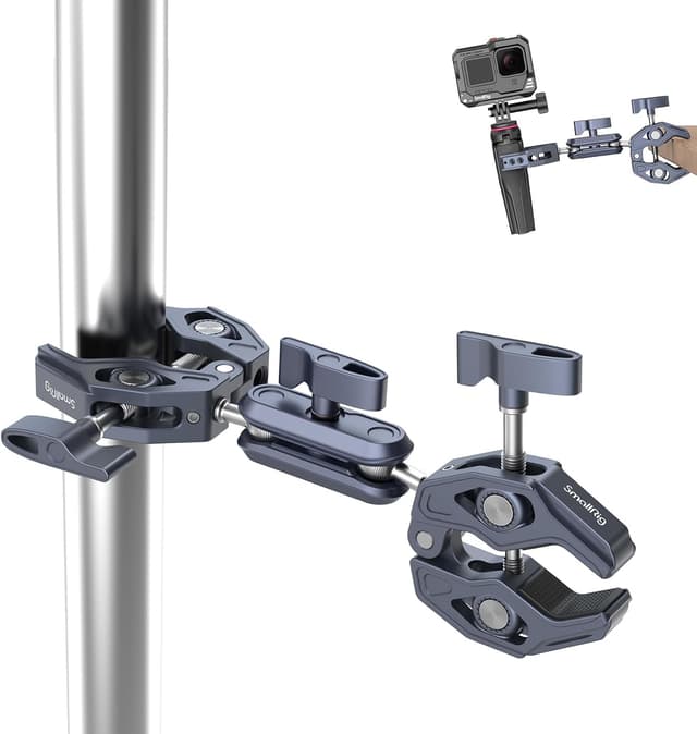 Detalle de SmallRig Super Clamp 4103B mit doppelter Kameraklemme und Magic Arm Doppelkugelkopf-Adapter