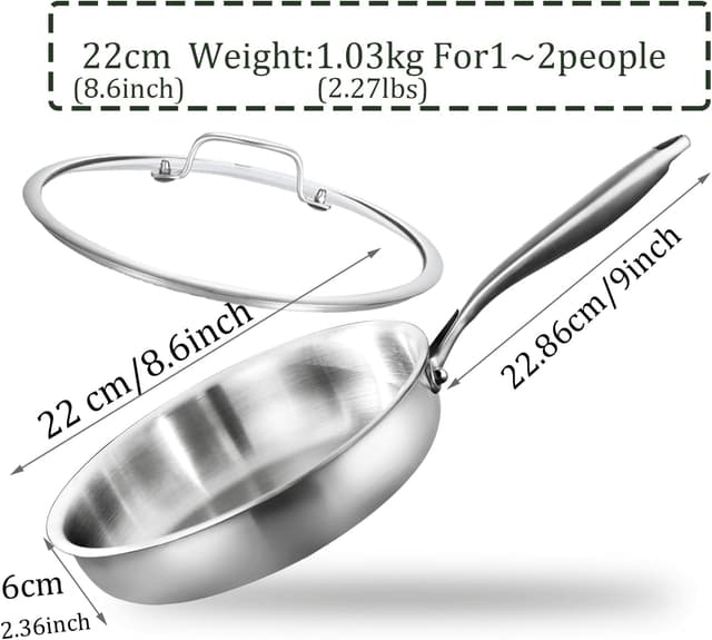 Detalle 2 de DELARLOCHEF Edelstahl-Bratpfanne Tri-Ply mit Deckeln, 22 cm – induktionsgeeignet, bis 315 °C ofenfest