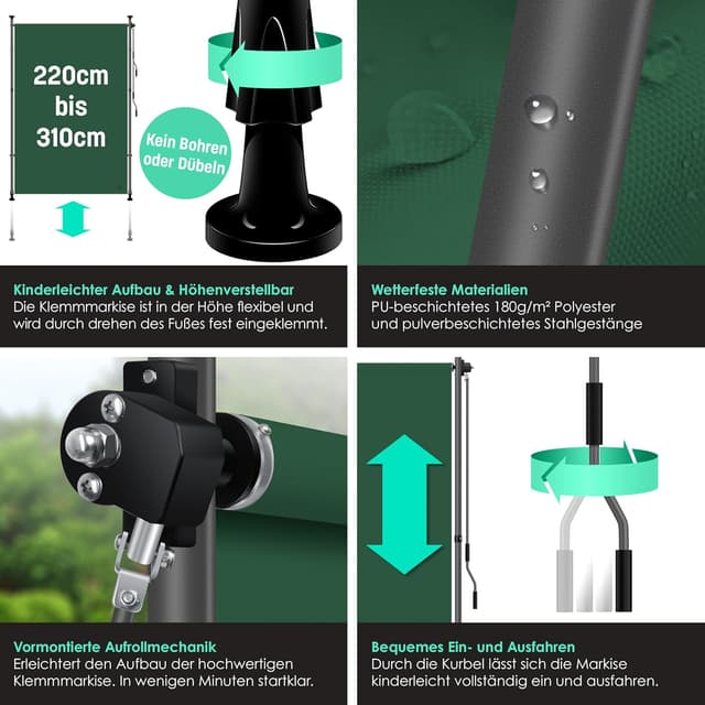 Detalle 2 de KESSER Klemmmarkise 120 x 310 cm als Vertikal-Sichtschutz für Balkon und Garten (dunkelgrün)