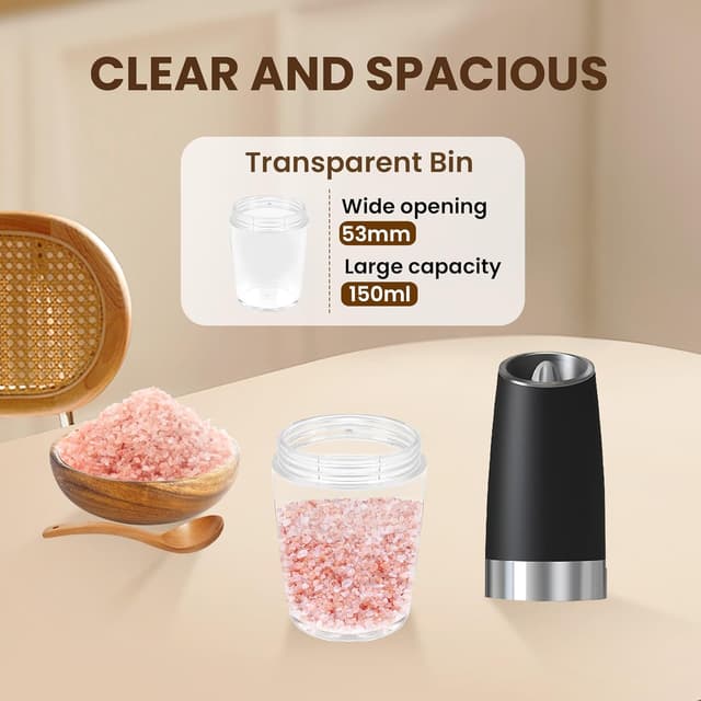 Detalle de KIARYUOLL Gravity Electric Salt and Pepper Grinder Set (2-Pack, Black) with LED Light