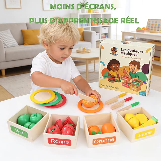 Detalle de Feetique Jeu Montessori en bois fruits à découper (2 à 7 ans) – Dinette enfant avec 24 pièces pour apprendre les couleurs