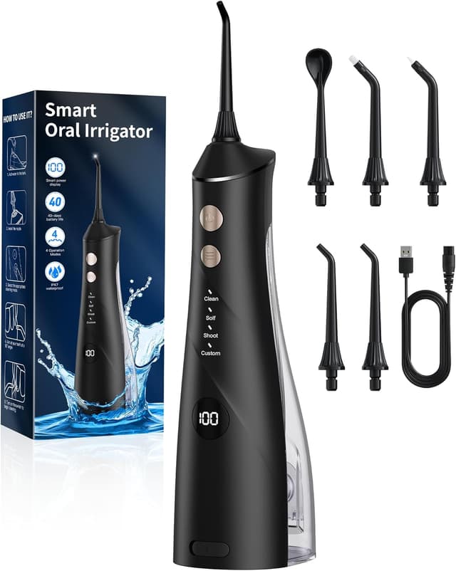 Detalle de Hsweeth kabellose Munddusche (elektrisch) mit digitaler Anzeige, 5 Jet-Tipps & 4 Modi – IPX7 wasserdicht