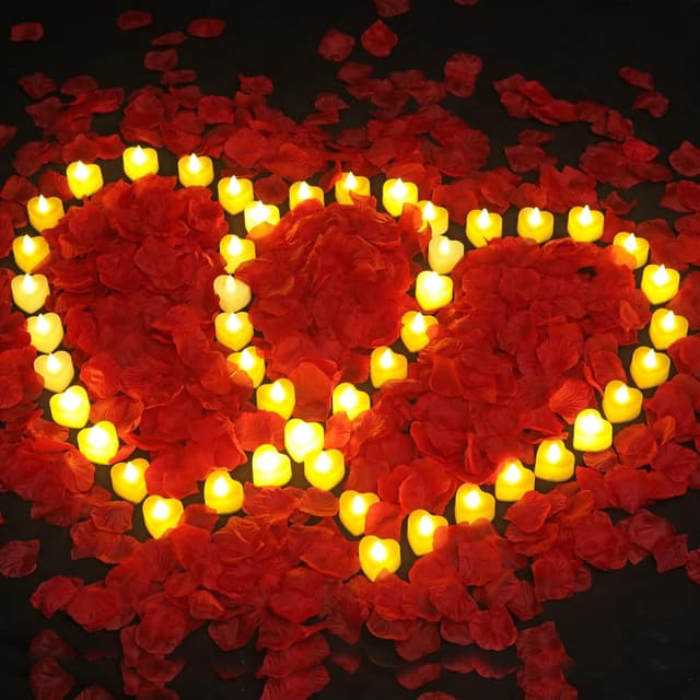 Detalle 2 de gobutend 6000 Artificial Rose Petals with 72 Flameless LED Heart Tea Lights for Valentine’s, Weddings & Parties