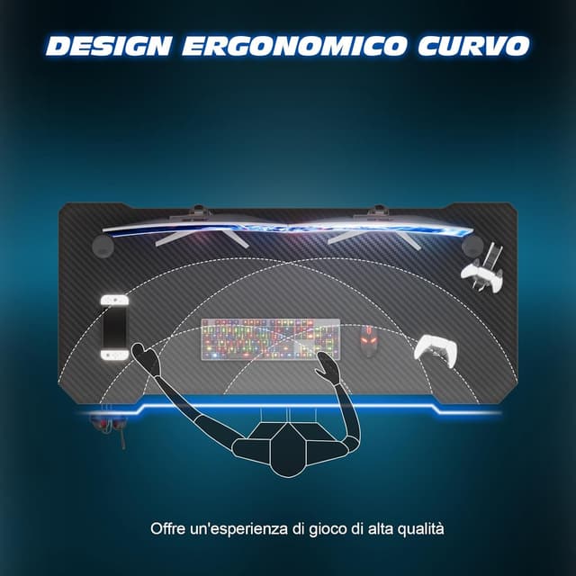 Detalle 2 de TRIUMPHKEY scrivania gaming 80×52 cm in fibra di carbonio, gambe a Z e supporto cuffie