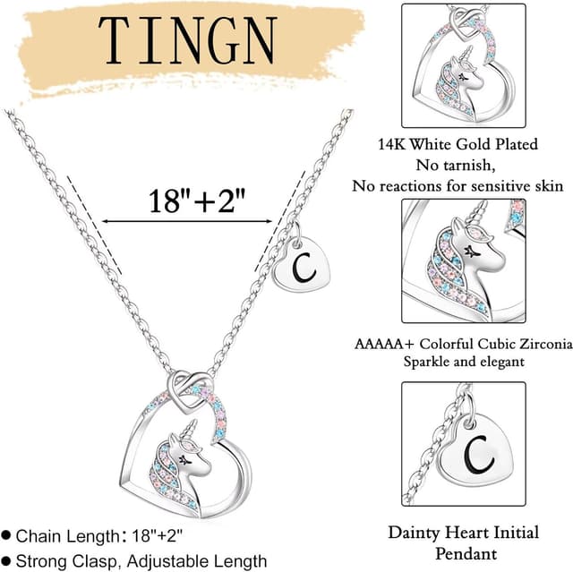 Detalle de TINGN Einhorn-Kette für Mädchen mit Herz-Anhänger und Buchstaben, 14K Weißgold vergoldet, CZ – Ostergeschenk