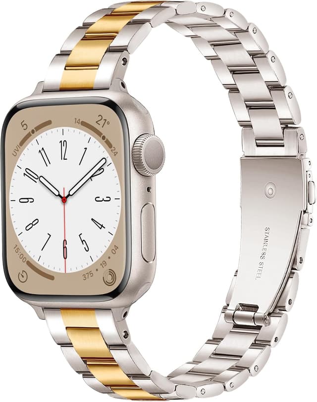 Detalle de Vamyzji Slim Stainless Steel Strap for Apple Watch (44mm–49mm) — lightweight metal band with adjustable double-button clasp