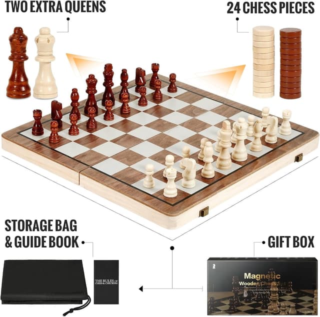 Detalle 2 de Havnidy Jeu d’échecs et dames 2 en 1 : échiquier en bois magnétique pliable (38 cm)
