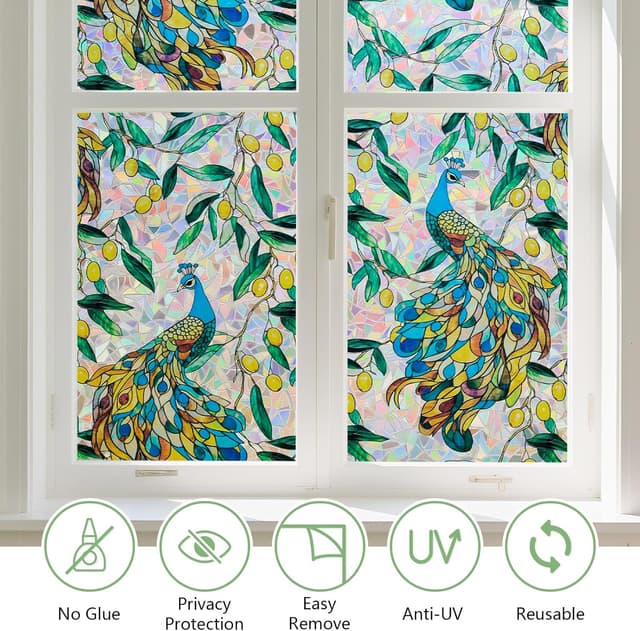 Detalle de KROMAPOLIS Film fenêtre électrostatique effet vitrail 3D anti-regard (90×200 cm) avec filtre UV