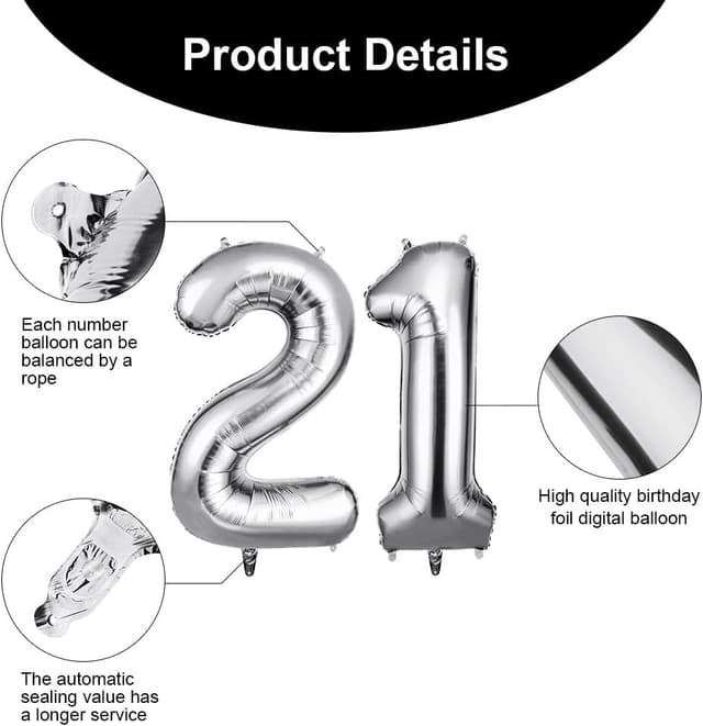 Thumbnail 2 de OFFCUP Zahlen Luftballon 21 Silber 101 cm 🎈