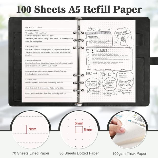 Detalle de PU Leather A5 Ring Binder Notebook with 6 Rings, 200-Sheet Refill Pack & Dividers (Black)