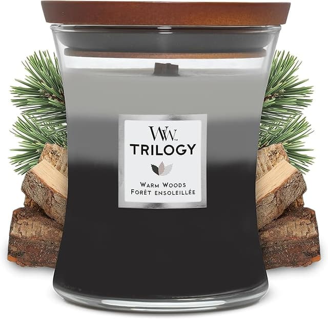Detalle de WoodWick Trilogy vela mediana reloj de arena Pluswick 🕯