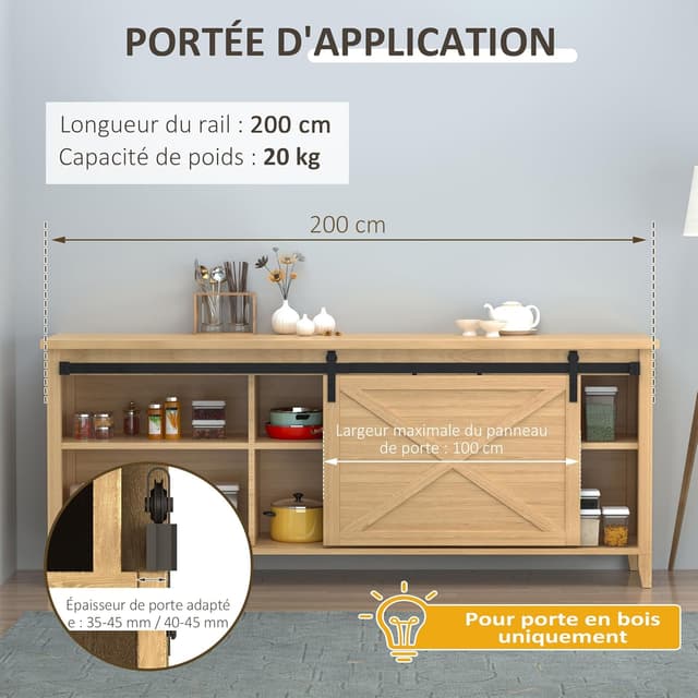 Detalle de HOMCOM rail pour porte coulissante de 200 cm (quincaillerie pour porte de grange simple) en acier au carbone noir