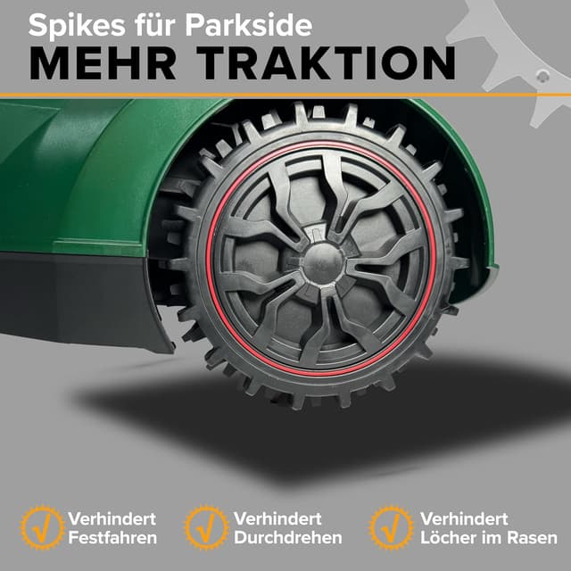 Detalle 2 de ROBO CLAWS : pointes de traction pour robots tondeuses Parkside PMRA/PMRDA/PAMR/PAMRS (212 mm) en inox