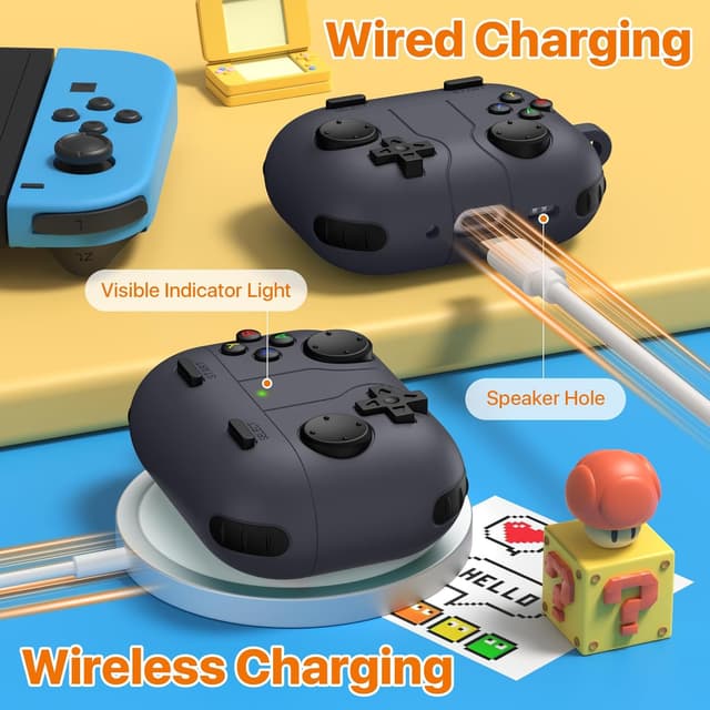 Detalle de MoKo Game Case for AirPods Pro 3 (2025) with Portable Keychain Cleaner Kit – Black silicone cover