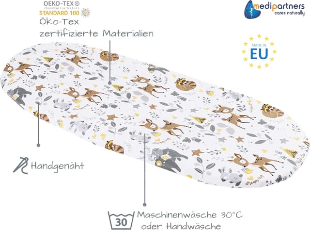 Detalle de Medi Partners Baby Spannbettlaken für Kinderwagen & Stubenwagen (86x40) – 3er-Set aus 100% Baumwolle, Reh-Weiß-Grau