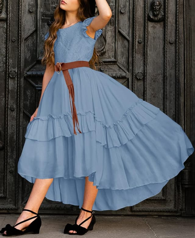 Detalle de HOSIKA Girls Lace Boho Flower Girl Dress with Ruffle Sleeves (A-Line, 6–12 Years)