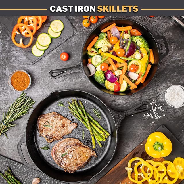 Detalle de NUOVVA 2pcs Cast Iron Skillet Set (pre-seasoned) – 10 inch 25cm & 12 inch 30cm oven-safe frying pans