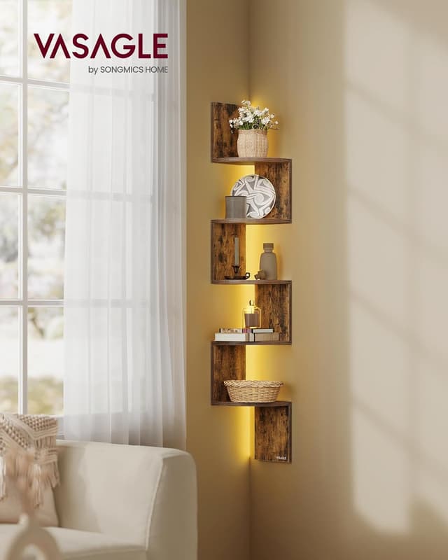 Detalle 2 de VASAGLE LBC630K01 Mensola angolare da parete con luci LED RGB, 5 ripiani e telecomando