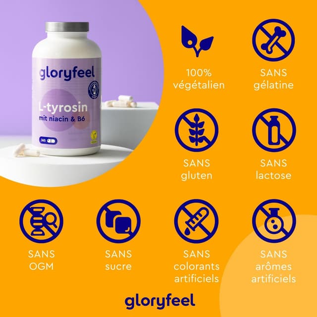 Detalle de L-Tyrosine végane avec niacine et vitamine B6 — 365 capsules (dosage 1000 mg) contre la fatigue