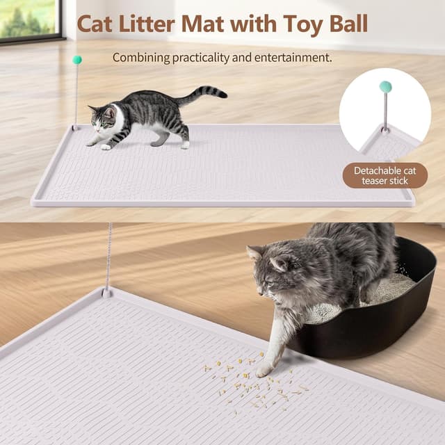 Detalle 2 de Bartuke große Katzenstreu-Matte mit Spielzeug-Ball (34" x 22") – Silikon-Streu-Fangmatte zur Streukontrolle