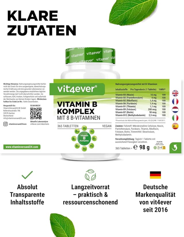 Detalle de vit4ever Vitamin B Komplex mit 365 Tabletten (12-Monatsvorrat) – alle 8 B-Vitamine in einer veganen Tablette