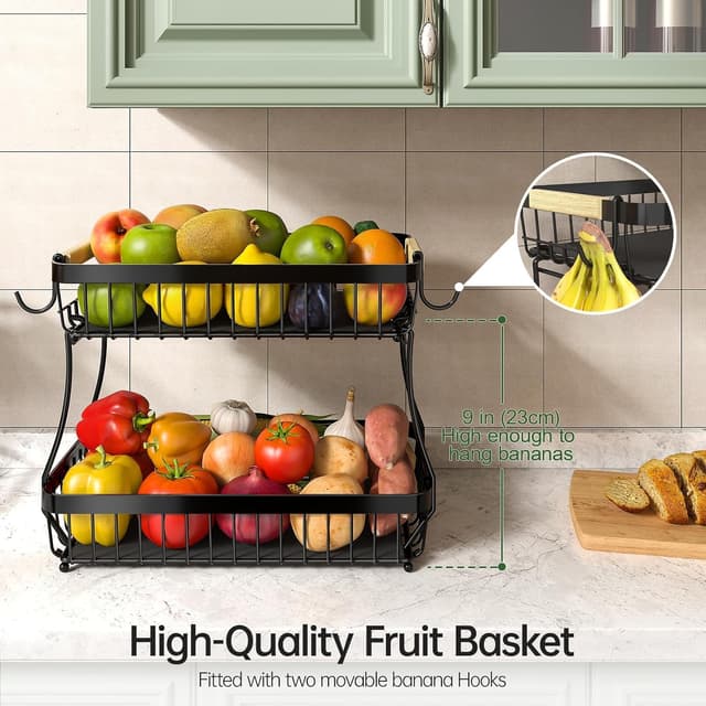 Detalle de Fournine 3-Tier Fruit Bowl Basket with Banana Hanger (Detachable Countertop Organiser), Black
