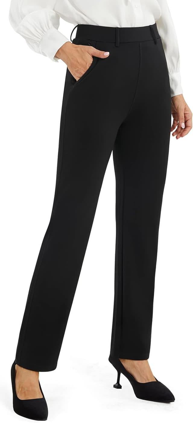 Detalle de AFITNE Women’s Straight Leg Trousers with Pockets (pull-on, stretch business casual)