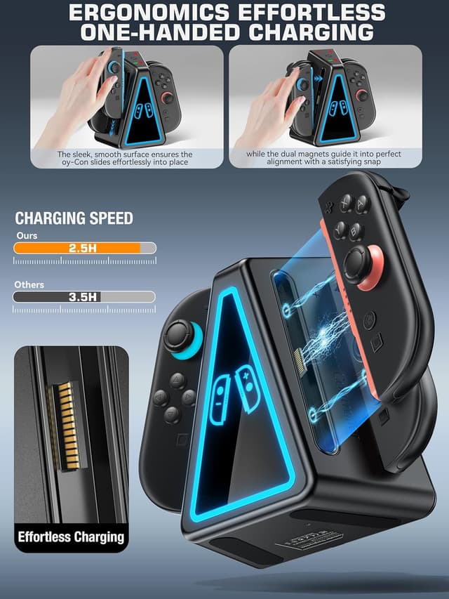 Detalle de Rysker Base di Ricarica 8 in 1 magnetica per Joy-Con Switch 2 (Edition OLED) con luce RGB