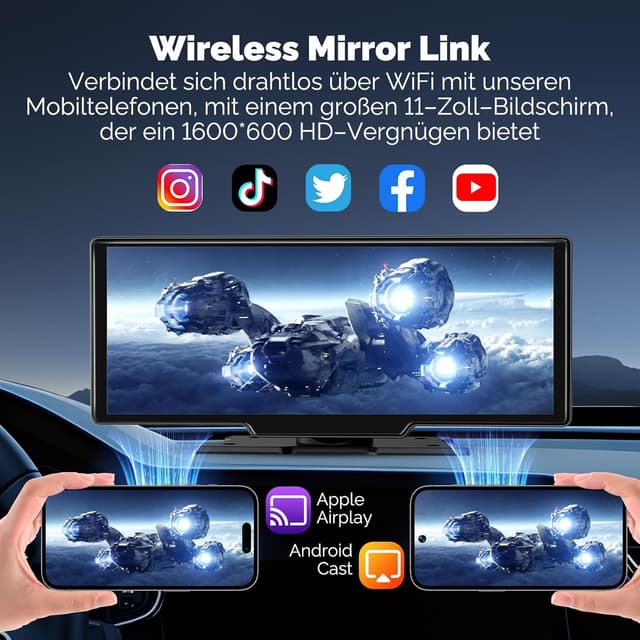 Detalle de Alpinetech 11 Zoll CarPlay & Android Auto Display mit 4K-Dashcam, Rückfahrkamera, Bluetooth und MirrorLink (64G TF)