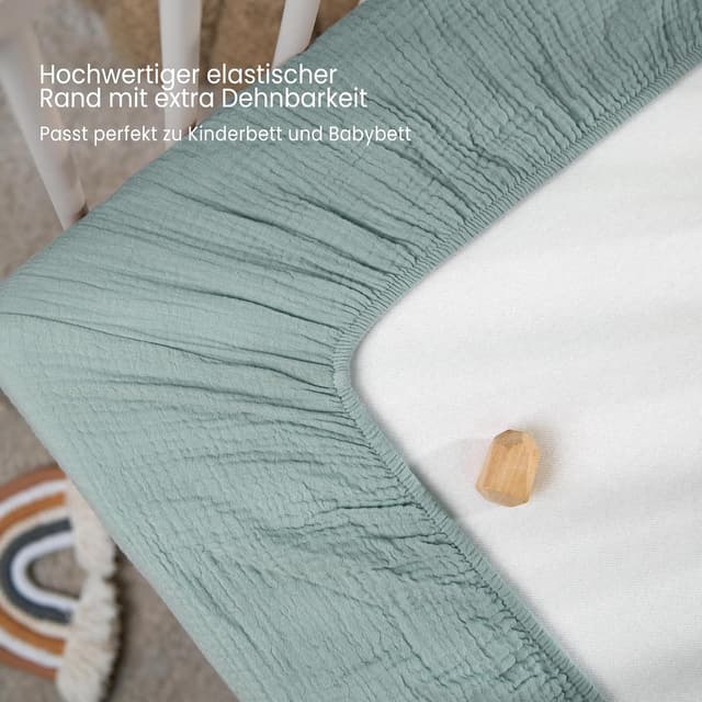 Detalle 2 de lulumoon 2er-Set Kinder-Spannbettlaken aus Musselin (70x140 cm, Grüner Baum)