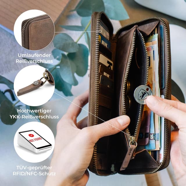 Detalle de Berliner Bags Vintage Geldbörse Margo – große Portemonnaie aus Leder mit TÜV-geprüftem RFID-Schutz (braun)