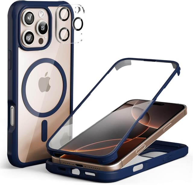 Detalle de Leedia Handyhülle für iPhone 16 Pro Max mit integriertem 9H Display- und Kameraschutz (Magsafe, 360° Full-Protection) in Blau