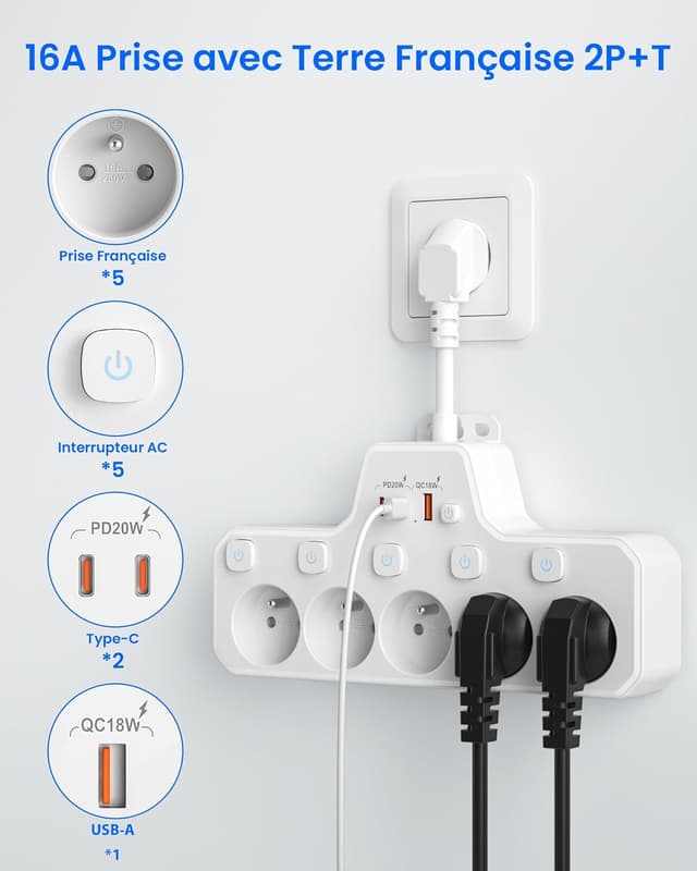 Detalle de Multiprise murale 5 prises françaises avec interrupteur individuel et USB C PD20W (blanc)