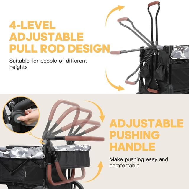 Detalle de ELEMARA All-Terrain Stroller Wagon for 2 Kids (Foldable, Push/Pull Handle, Canopy & Mosquito Net) — Black+White