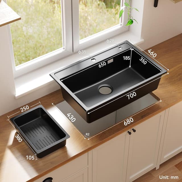 Detalle de ANYCEE Lavello Cucina Nero 70x46 cm in granito (80% sabbia di quarzo) con 1 vasca e sistema di scarico