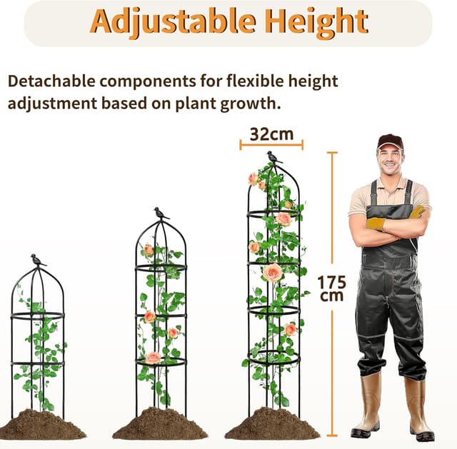 Detalle 2 de 2-Pack Garden Obelisks for Climbing Plants (175 cm) with 32 cm Base, Rust-Resistant PE Coating
