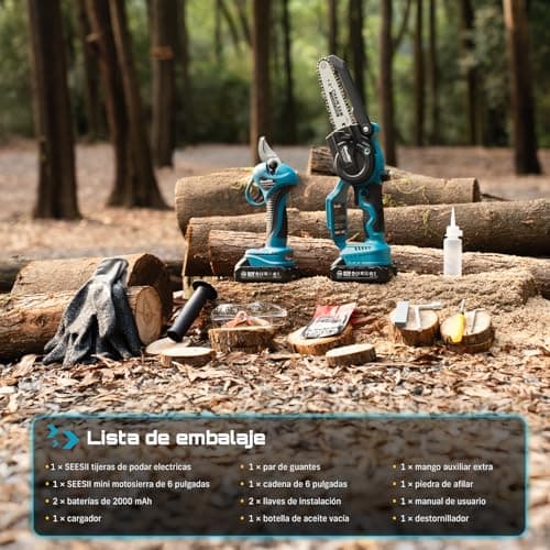 Thumbnail 8 de SEESII 6 Pulgadas Mini Motosierra a Batería & 33 mm Tijeras de Podar Eléctricas, 2-en-1 Kit Herramientas de Jardín con 2 × 2000 mAh Baterías, Motor Brushless, Ideal para Corte de Troncos y Ramas