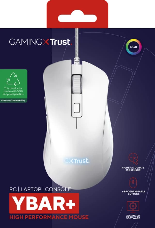 Detalle de Trust GXT 924W Ybar+ Pro Gaming-Maus (weiß) – kabelgebunden, bis 25.600 DPI und 16,8 Mio. RGB-Farben