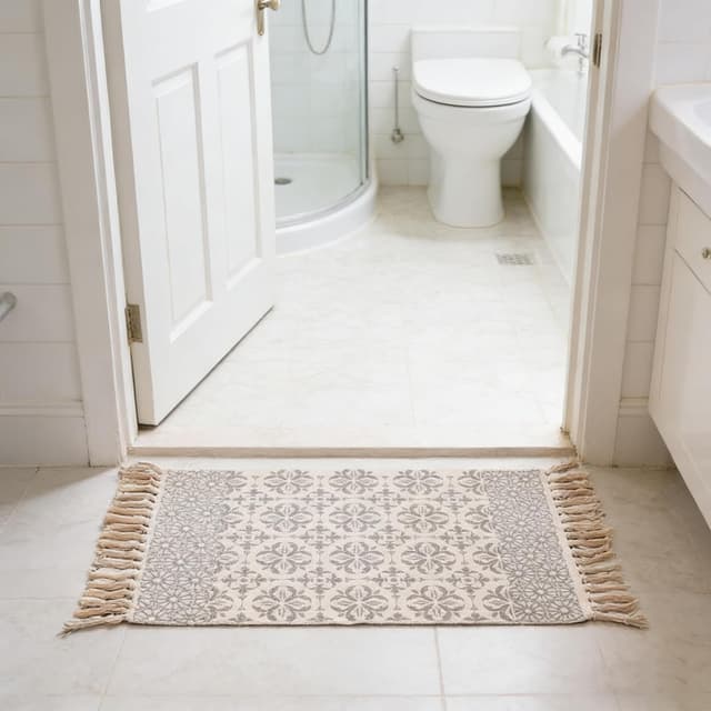 Detalle de MORROWCAMP Boho Cotton Small Rug 58x88 cm with Tassels – Beige Grey Moroccan Floral Style Woven Washable Rug