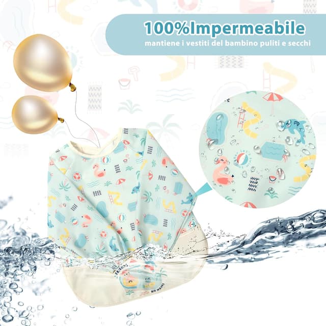 Detalle de Little Dimsum Bavaglino per svezzamento con maniche lunghe impermeabili e tasca grande 6-36 mesi