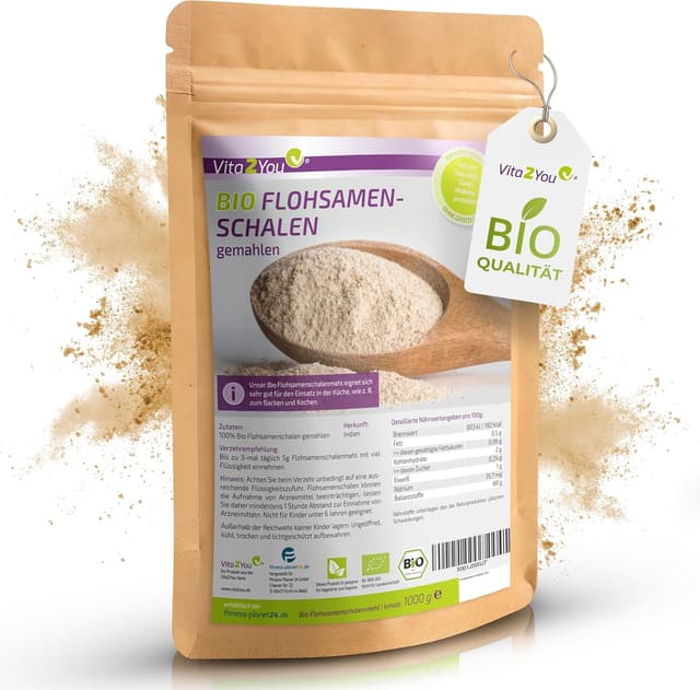 Detalle de Vita2You Bio Flohsamenschalen gemahlen (99% Reinheit) – 1 kg, ideal zum Backen