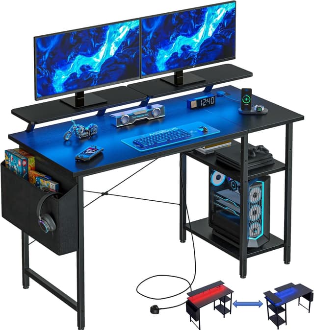 Detalle de DOMSHOCT Gaming Desk with LED Lights & Power Outlets (Reversible) – 100×50cm Corner Style