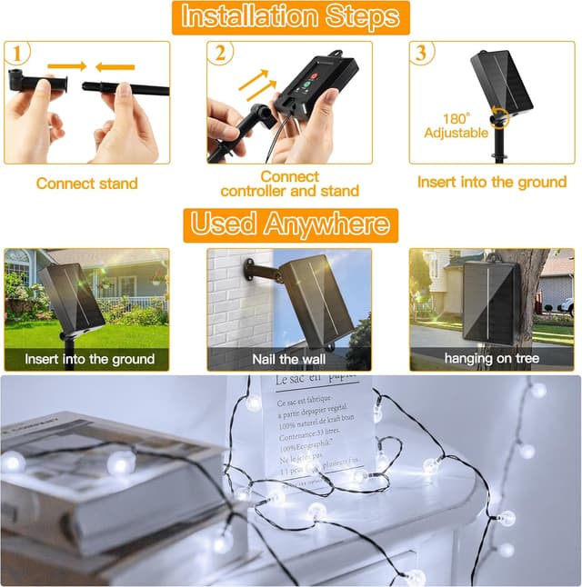 Detalle 2 de Ollny Solar Outdoor Garden Fairy Lights (12m, 100 LED, Cool White crystal ball) – IP65/IP44 globe string lights